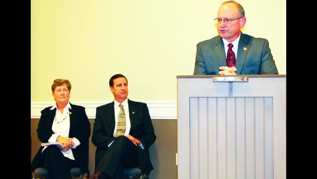 by Brian Sanders Local lawmakers (from left) Rep. Becky Hutchins, Sen. Dennis Pyle and Rep. Randy Garber spoke to about 40 local residents Saturday morning during the annual Holton/Jackson County Chamber of Commerce legislative breakfast held at Penny's. The elected officials outlined the recent "block grant" school funding bill and discussed the state's economy and budget and tax cuts.