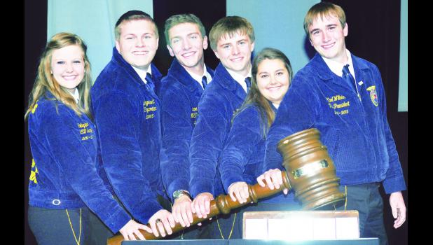 Those elected to serve as Kansas state FFA officers for 2015-16 at the 87th annual Kansas FFA Convention include, from left, Sentinel Gabryelle Gilliam, Washington County; Reporter Kyler Langvardt, Chapman; Treasurer Lane Coberly, Chapman; Secretary Dean Klahr, Holton; Vice President Bailey Peterson, Buhler; and President Karl Wilhelm, Holton. The election of Wilhelm and Klahr to state offices marks the first time that two Holton FFA members have been elected to serve in the same year. (Submitted photo)