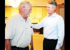 U.S. Sen. Roger Marshall (shown at right) chatted with Holton businessman Dan Harris prior to the start of the senator’s recent “town hall” meeting at the Jackson County Courthouse. (Photo by Brian Sanders)