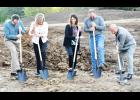 A groundbreaking ceremony was held Thursday in Hoyt at the site of the new Family Practice Associates clinic. The new clinic will be located on Kansas Highway 214 just north of Denison State Bank. Shown breaking ground on the new clinic include Nate McAlister, Hoyt City Council; Carrie Saia, Holton Community Hospital CEO; Jamie Stuke, advanced practice registered nurse at the clinic; D.J. Chance of Chance Construction; and J. Richard Lake, HCH board member. (Photo by Ali Holcomb)
