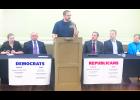 In the photo above, Aaron Estabrook (center) of Manhattan, an independent candidate seeking the State Board of Education 6th District seat, shared his stances on education during a political forum here Monday evening hosted by the Jackson County Republican Party. Also pictured are (from left) Lauren Van Wagoner (Democrat), Jerry Henry (Democrat), incumbent Dennis Pyle (Republican), Francis Awerkamp (Republican) and incumbent Deena Horst (Republican).