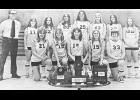 The 1976 Jackson Heights Lady Cobras basketball team included (front row, left to right) regular starters Kirby (Hossfeld) Wittenbach, Kim (Cochren) Bethell, Connie (Brown) Barnhart, Myla (Spencer) Cole, Brenda Holaday, (back row) coach Ken Thomas, Cindy Ideker, Sheri (Oxandale) Dibbern, Connie (Minner) Barnhardt, Mary (Troxel) Tinkler, Sherri (Hasenkamp) Bugner, Sherry (Gerhardt) Streeter and Lori (Humphreys) Fickle. 